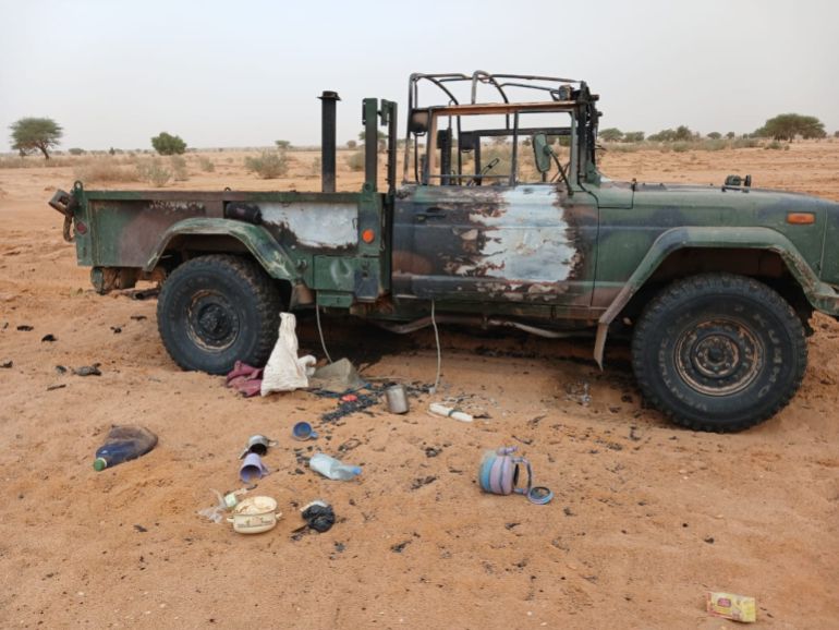 A destroyed vehicle at the site of recent fighting in northern Mali [Photo: Courtesy of the Azawad Liberation Front (FLA)]